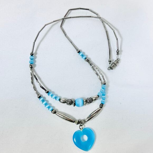 Vintage Beaded Black Blue Open Heart Pendant Necklace Jewelry Metal 7" - Picture 4 of 5